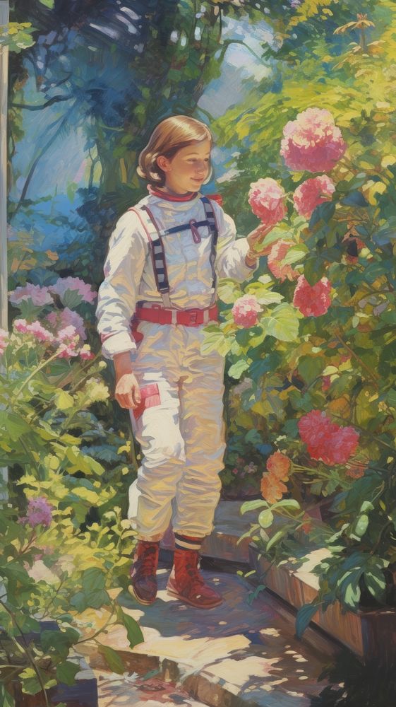 An astronaut in the garden painting photography accessories.