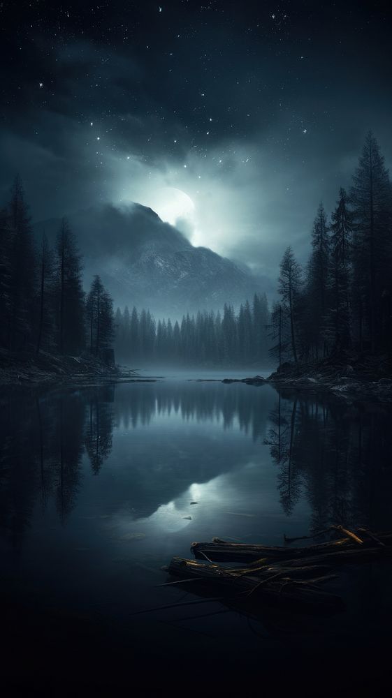  Dark mysterious lake landscape outdoors nature. 