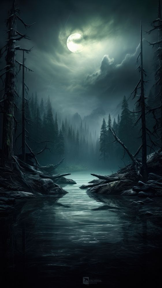  Dark mysterious lake outdoors nature night. AI generated Image by rawpixel.
