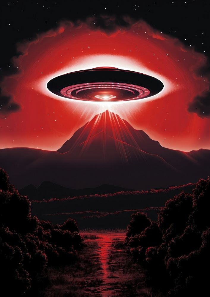 A ufo in front of the red moon outdoors night sky.