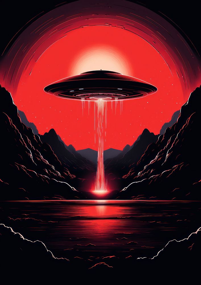 A ufo in front of the red moon sky transportation darkness.