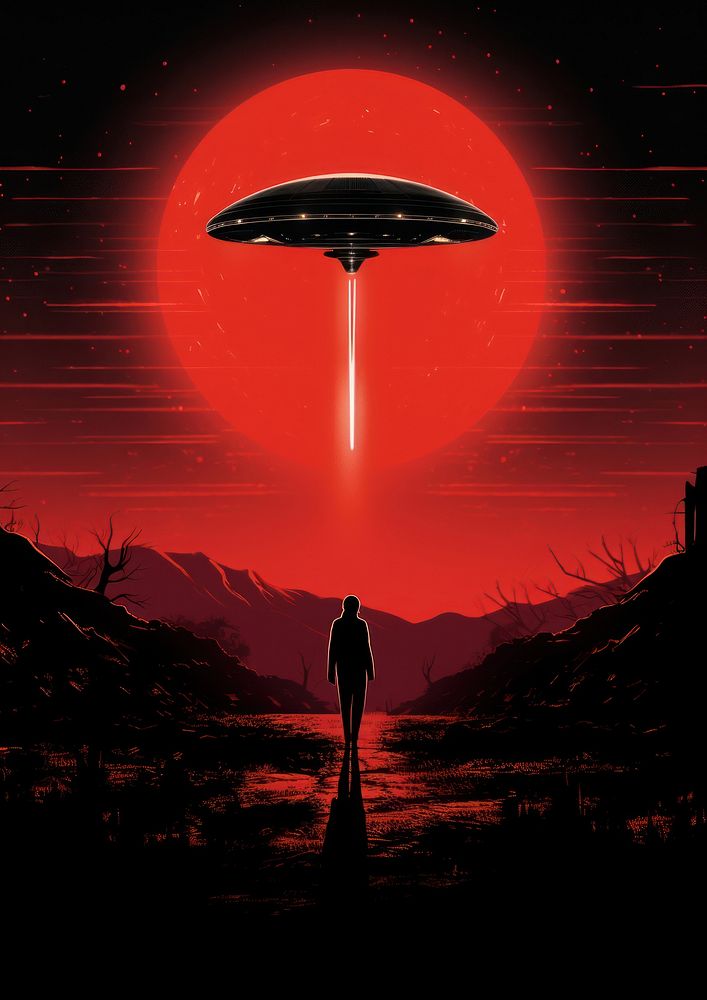 A ufo in front of the red moon poster sky backlighting.