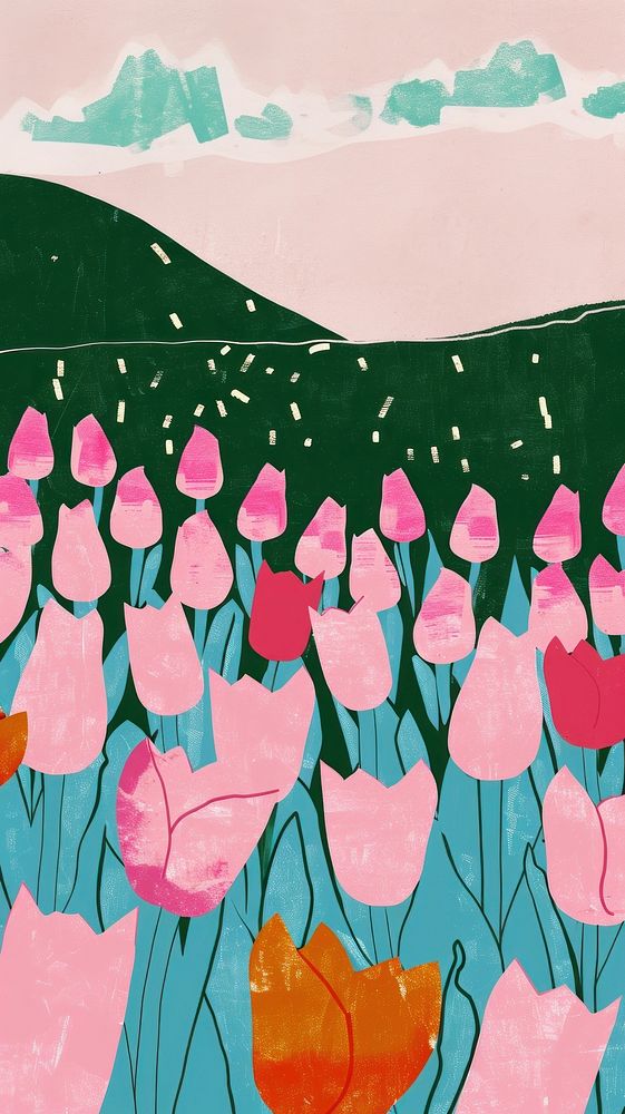 Cute tulip field illustration painting drawing flower.