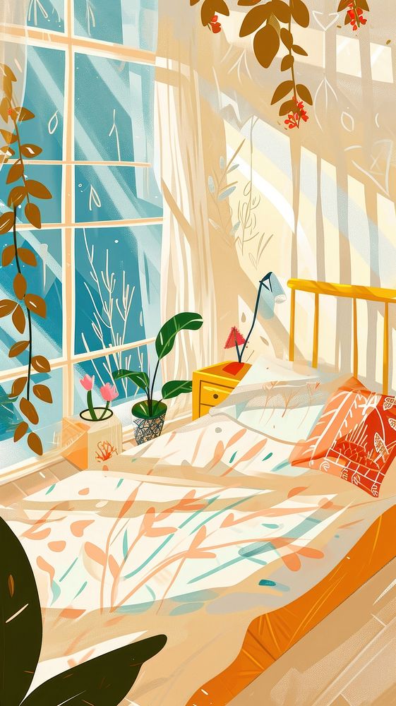 Cute bedroom illustration furniture plant architecture.