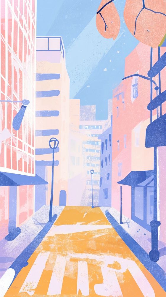 Cute downtown illustration painting street city.