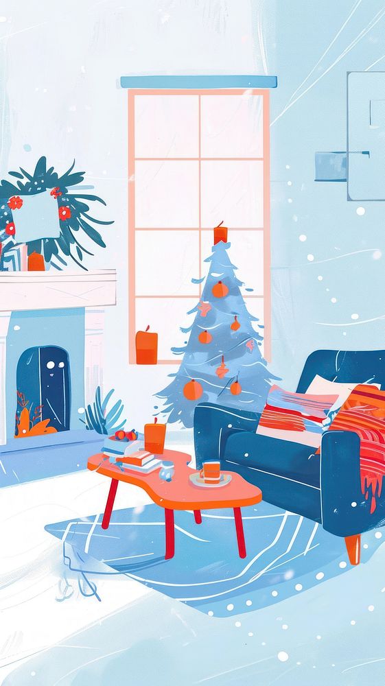 Cute living room illustration christmas winter snow.