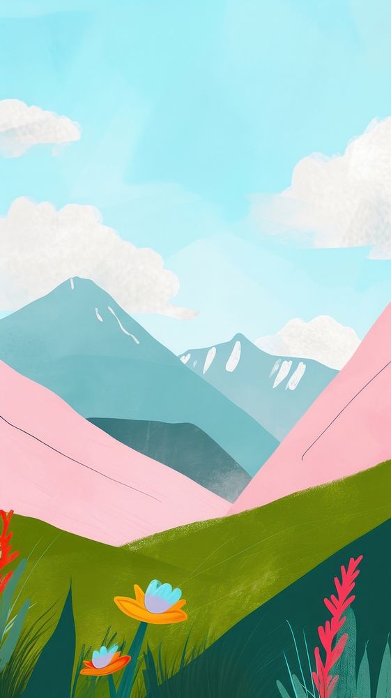 Cute mountains and fields illustration outdoors painting nature.