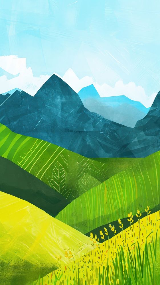 Cute mountains and fields illustration landscape outdoors painting.