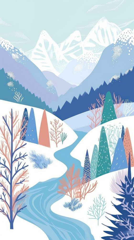 Cute mountains and river illustration outdoors winter nature.