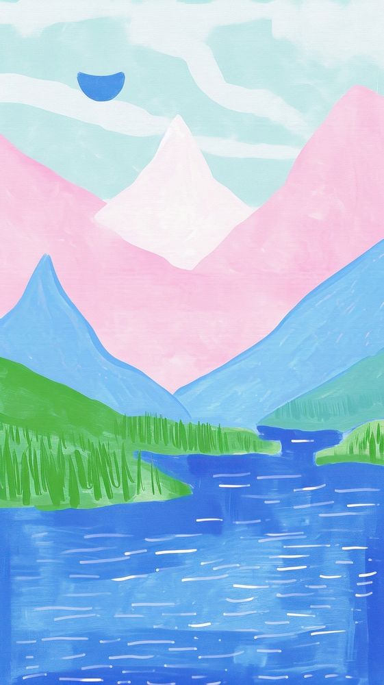 Cute mountains and river illustration painting outdoors nature.