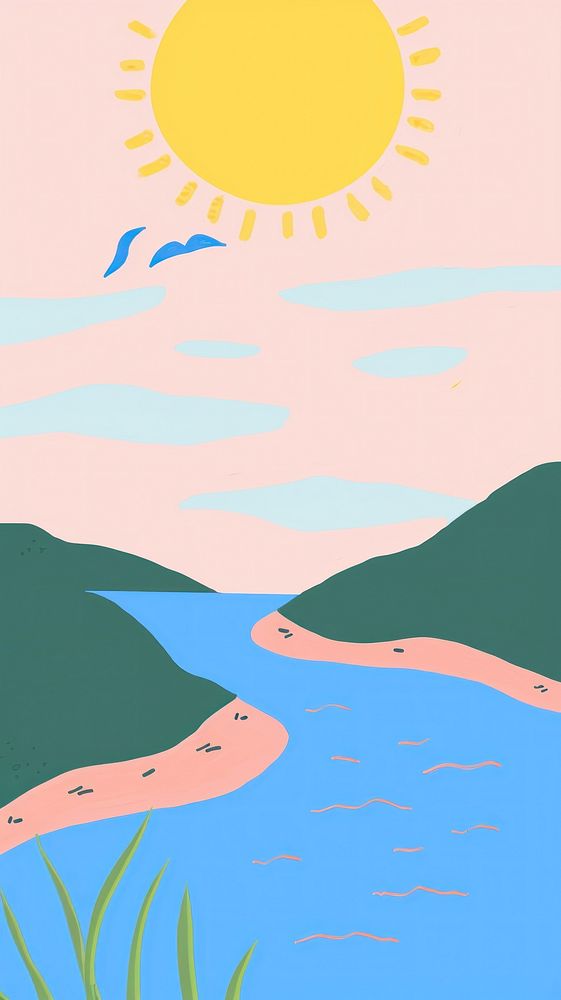 Cute sun and river illustration outdoors nature land.