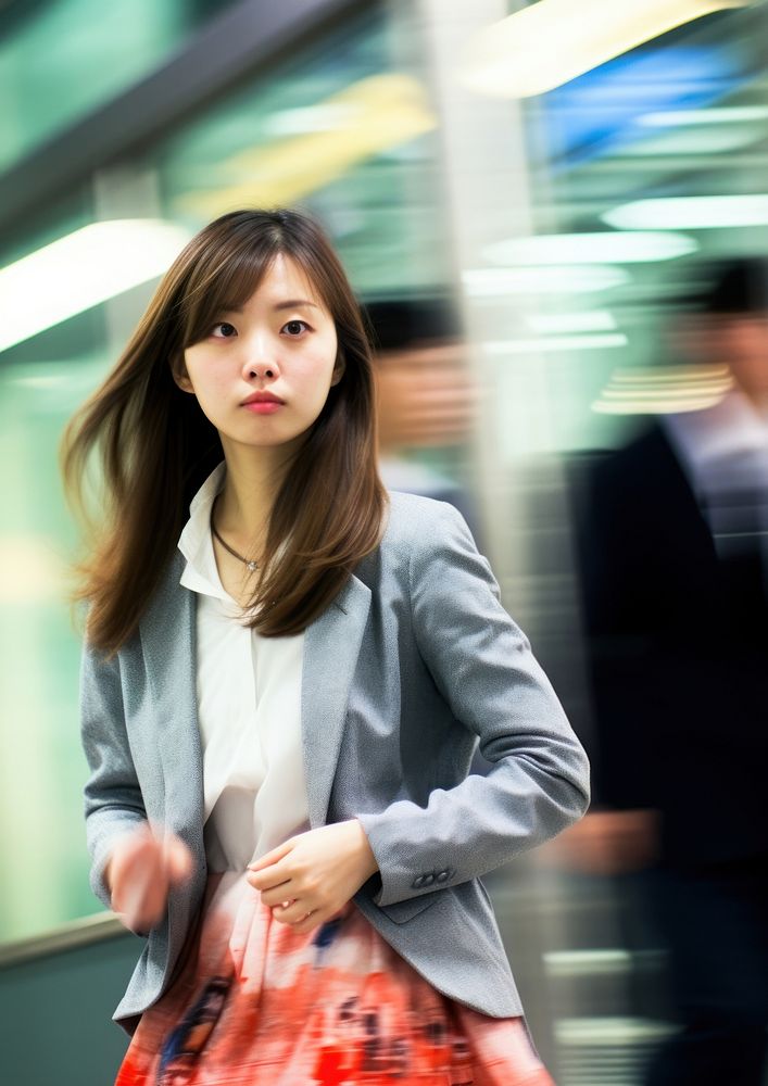 Motion blur woman standing in front of the running train in the metro station portrait photography adult.