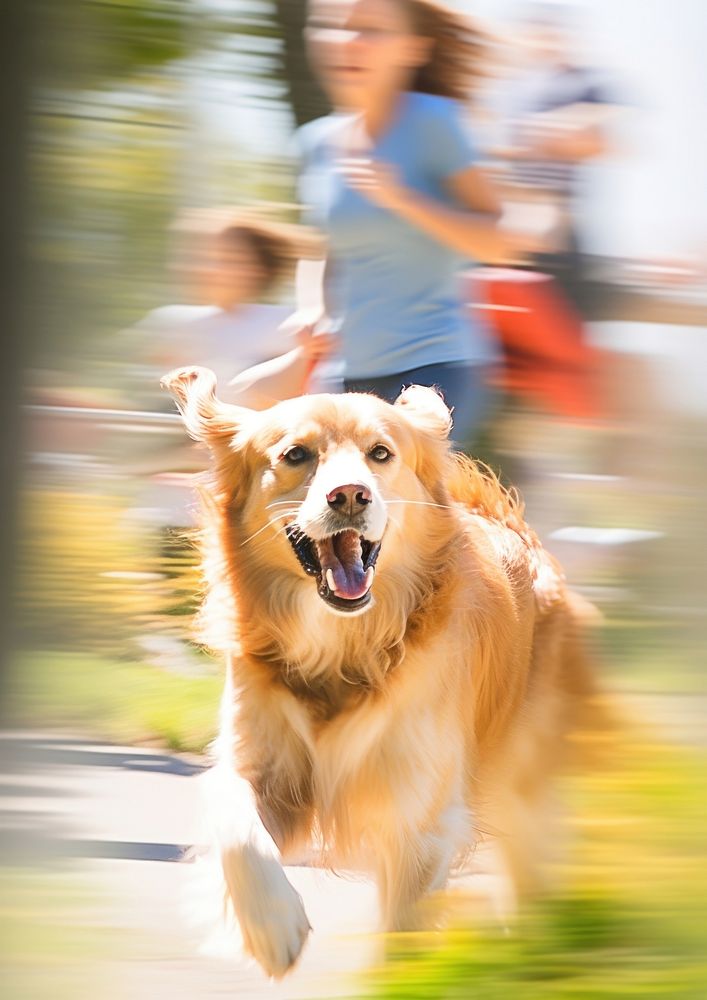 Motion blur a golden retriever running in the park portrait mammal animal.