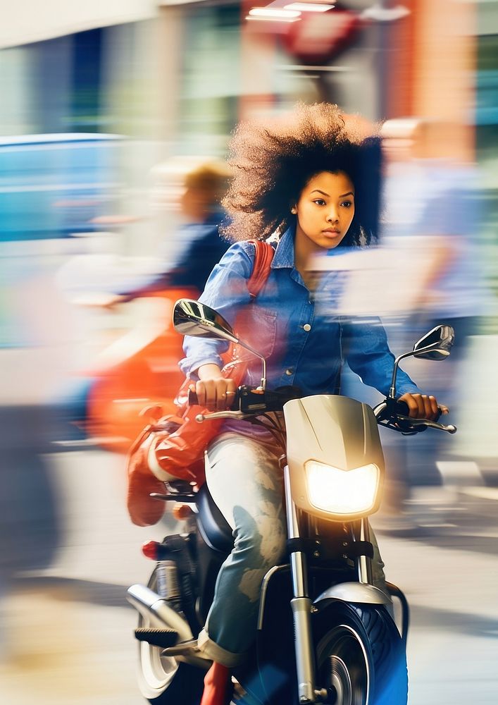 A motion blur black woman riding a motorcycle vehicle scooter speed.
