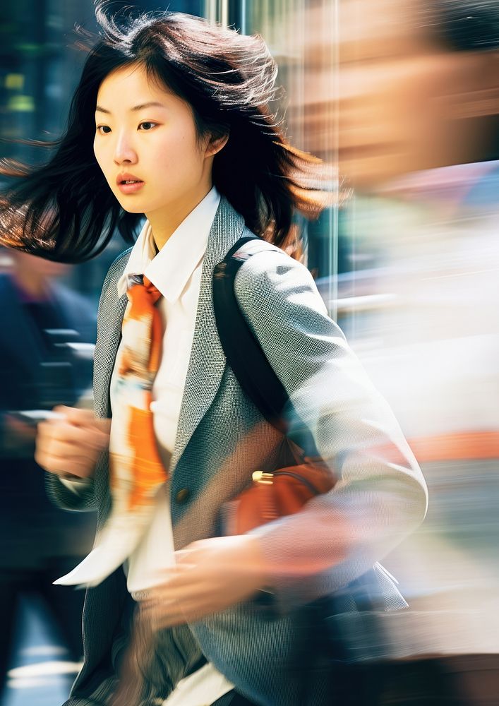 A motion blur black business woman going to work portrait photography adult.