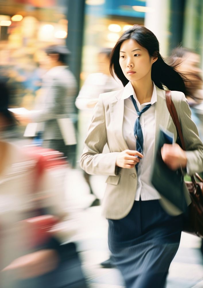 A motion blur black business woman going to work portrait walking blazer.
