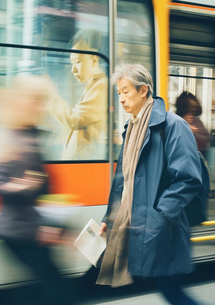 A motion blur elder at the bus stop portrait adult disembarking.