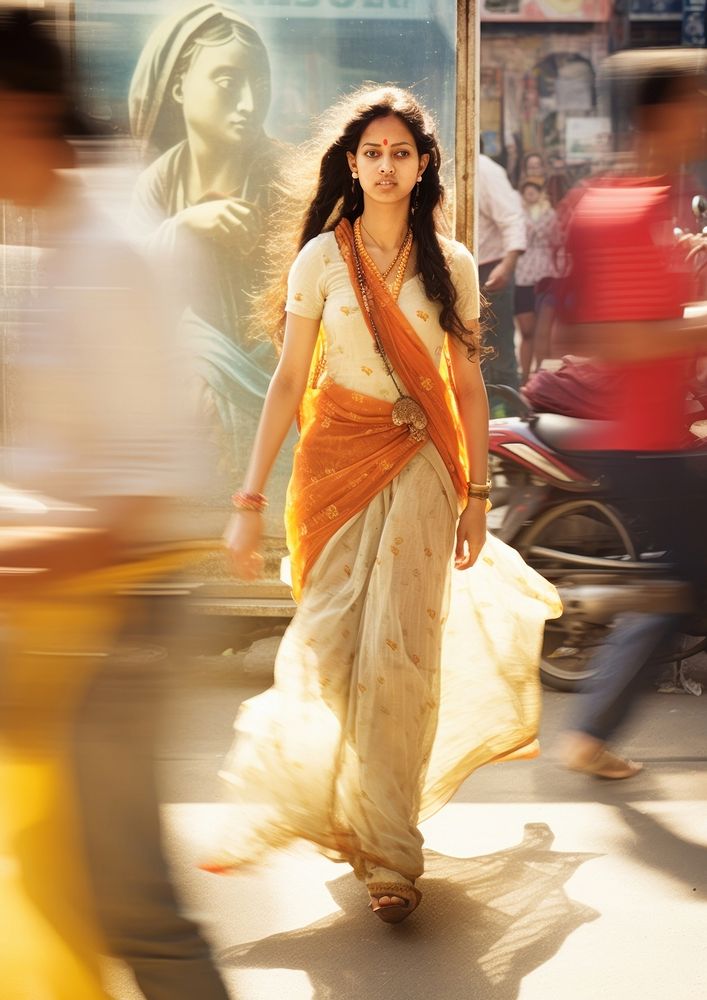 Motion blur indian woman walking on the street portrait adult architecture.