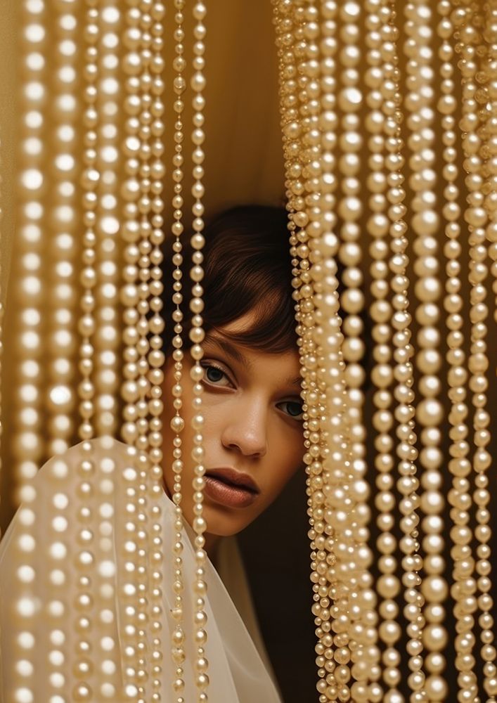 A woman in a pearl decoration curtain photography portrait adult.