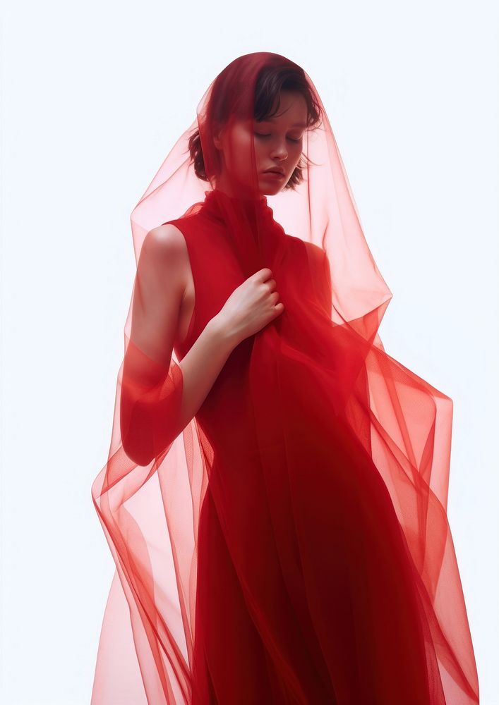 A woman in red dress with red transparent fabric photography portrait fashion.