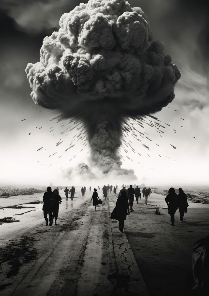 A nuclear bomb and many people running away from it to save their life from the bomb explosion motion architecture. AI…