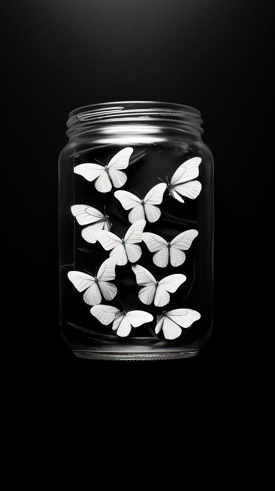 A butterfly flying in a jar black white transparent.