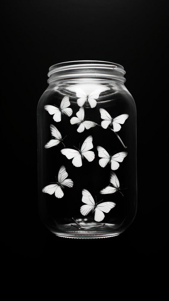 A butterfly flying in a jar black white transparent.
