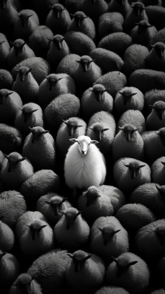 A black sheep surrounding by many white sheep bird backgrounds monochrome.