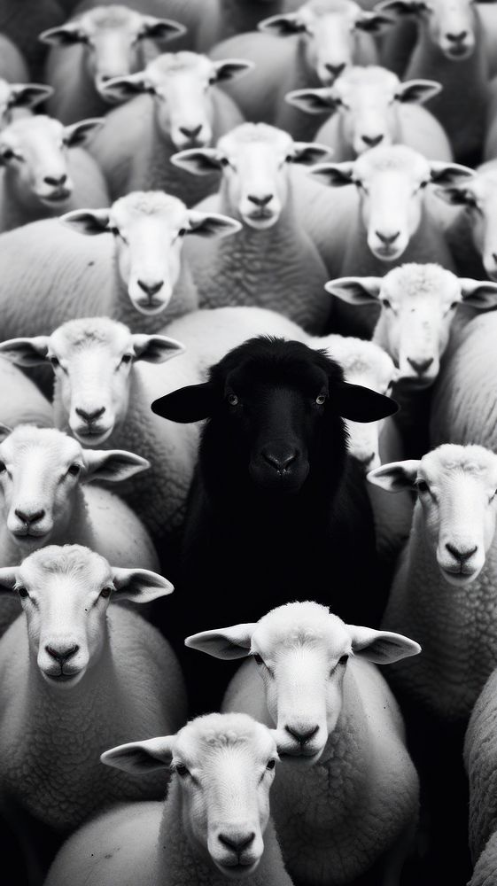 A black sheep surrounding by many white sheep livestock wildlife animal.