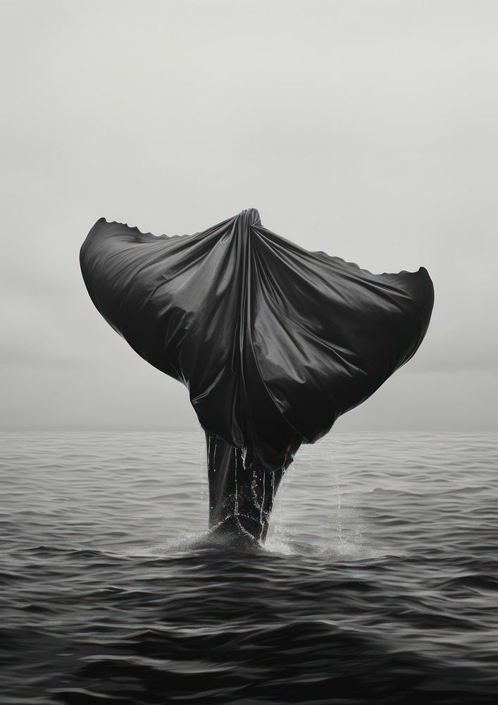 A whale tail above the ocean covered by the black garbage bag outdoors tranquility underwater. AI generated Image by…