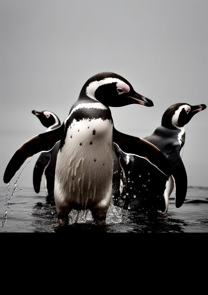 Penguin try to servive from toxic water release from the factory animal black bird. AI generated Image by rawpixel.