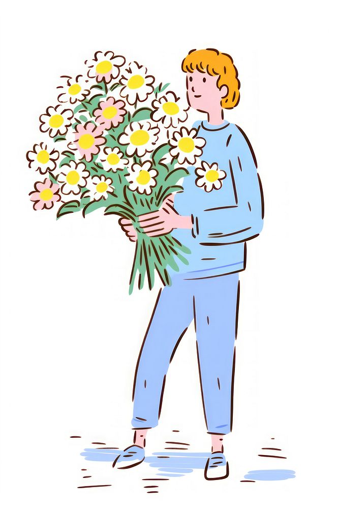 Doodle illustration young man drawing cartoon flower.