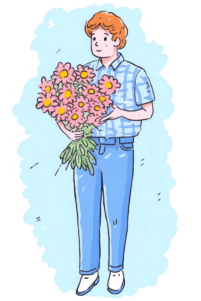 Doodle illustration young man cartoon flower plant.