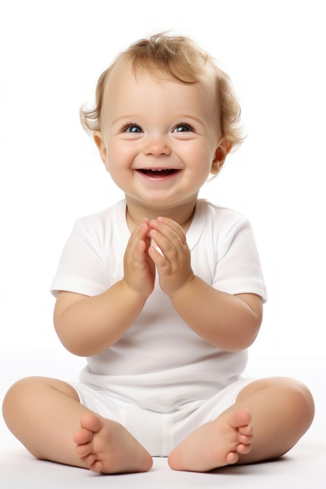 Cute happy white baby sitting and clapping hands portrait finger smile.