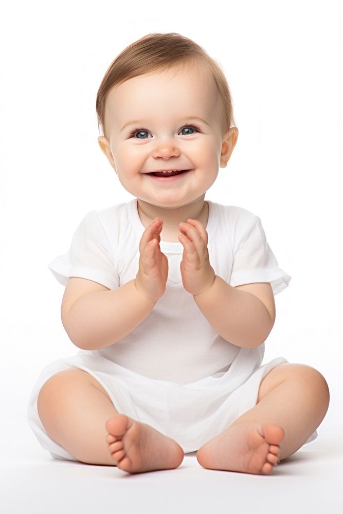 Cute happy white baby sitting and clapping hands portrait finger white background.