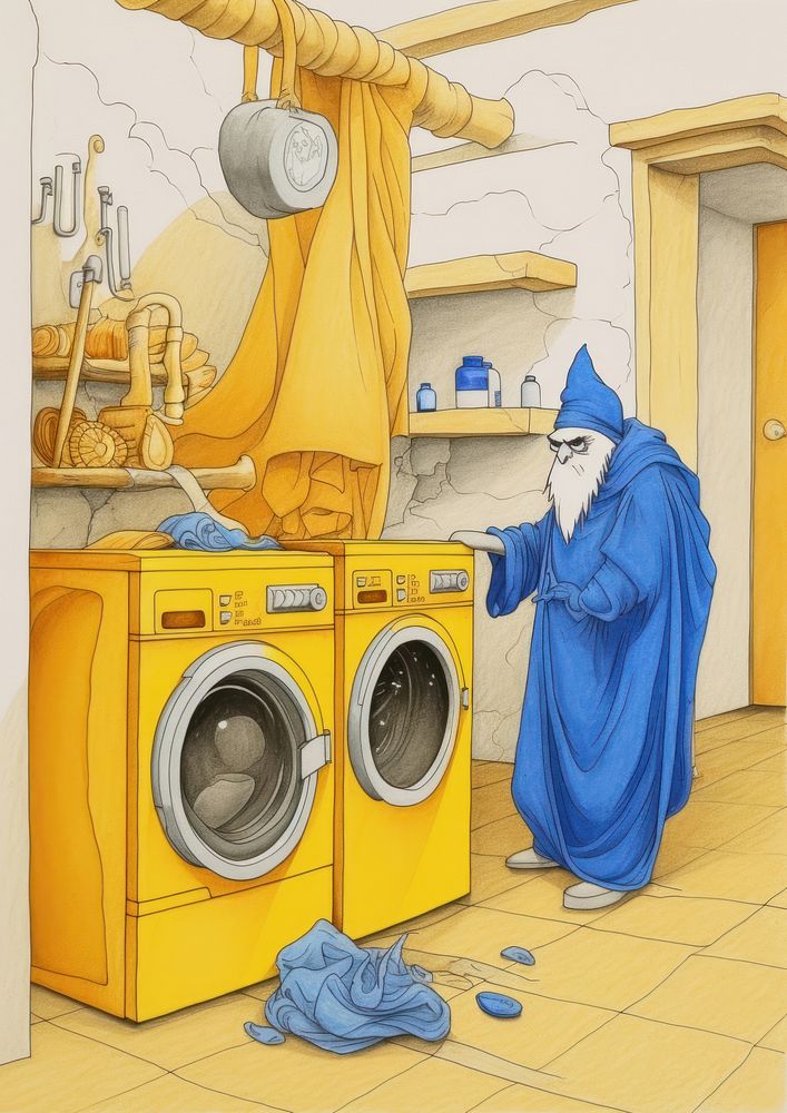 A wizard doing laundry appliance dryer adult.