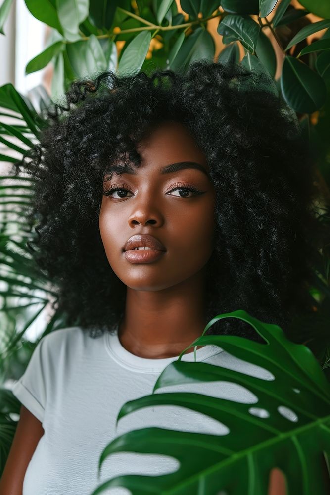 Charming black female looking plant green.