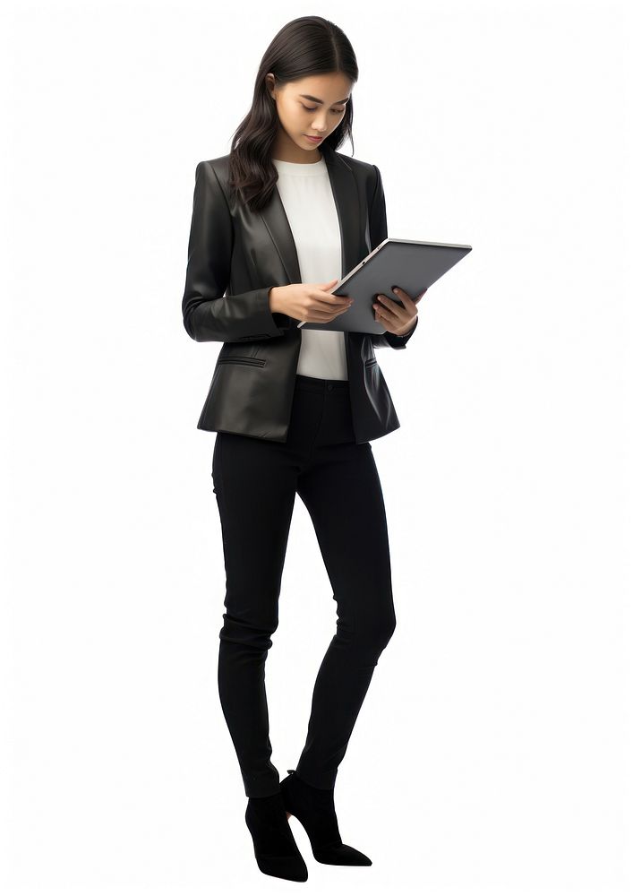 Asian girl student using tablet computer adult white background.