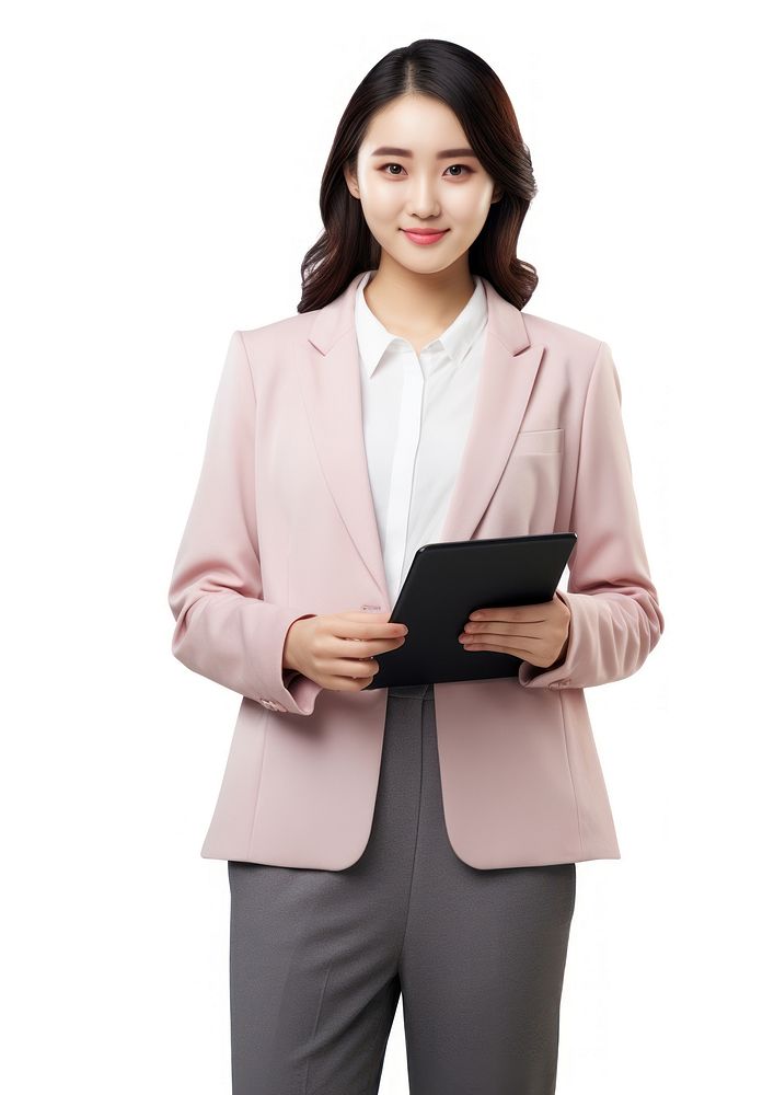 Asian girl student using tablet blazer adult coat.