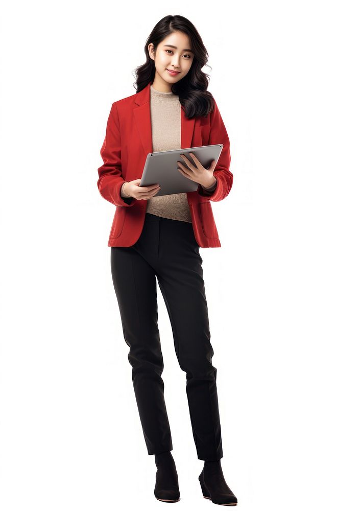 Asian girl student using tablet computer standing portrait.