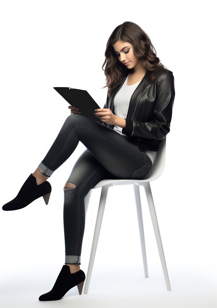 Girl student using tablet furniture footwear sitting.