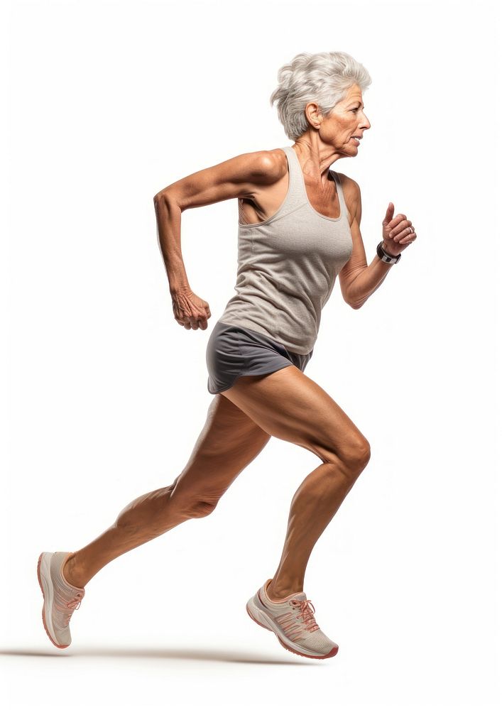 Old woman athlete running jogging white background determination.