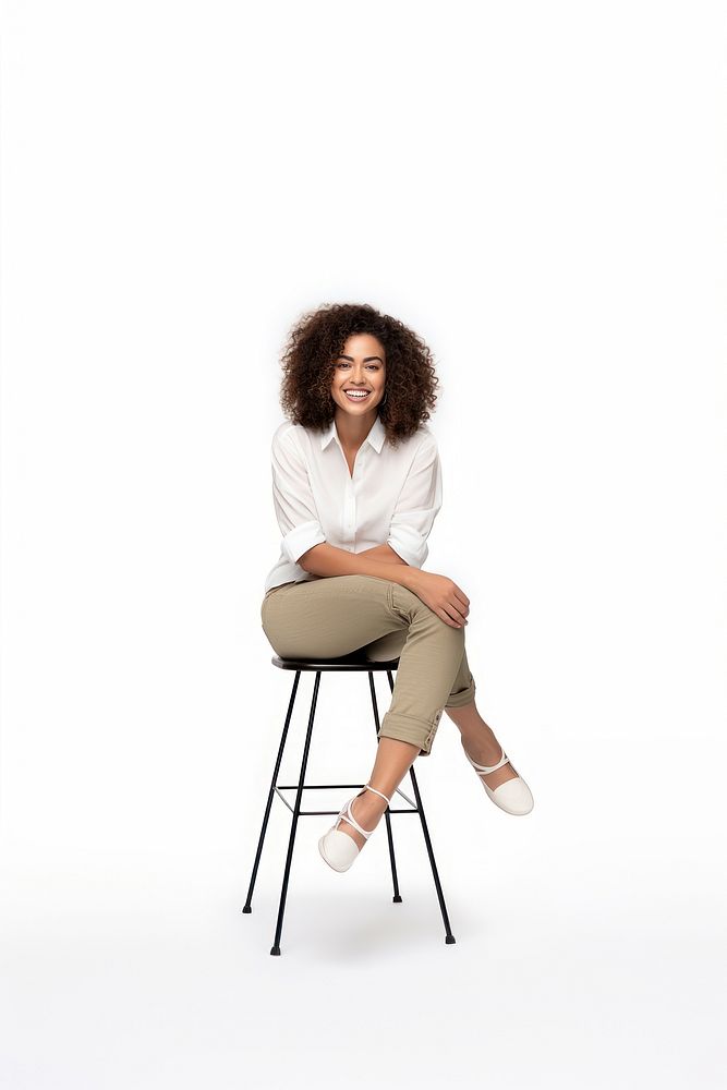 Smiling woman sitting on stool footwear adult white background.