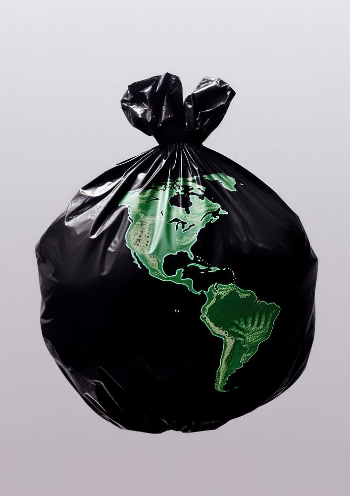 A black plastic bag covered the globe garbage white background recycling. AI generated Image by rawpixel.