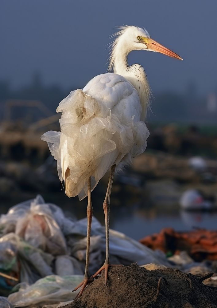 A egret stuck with a plastic bag over its head animal stork heron. AI generated Image by rawpixel.