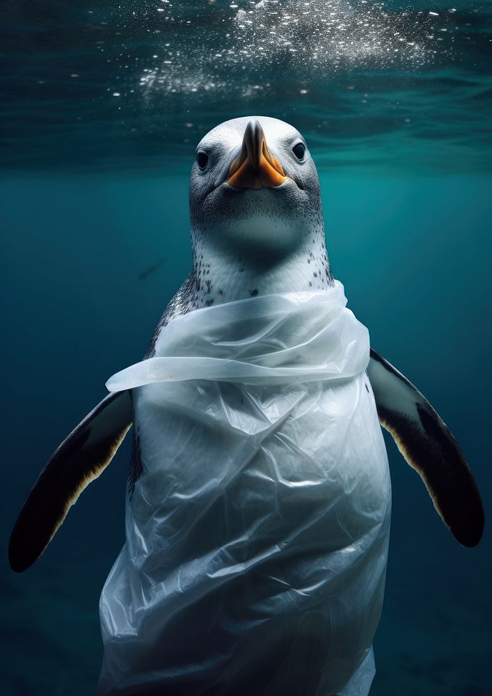 A penguin with a plastic bag over its head animal bird underwater. AI generated Image by rawpixel.