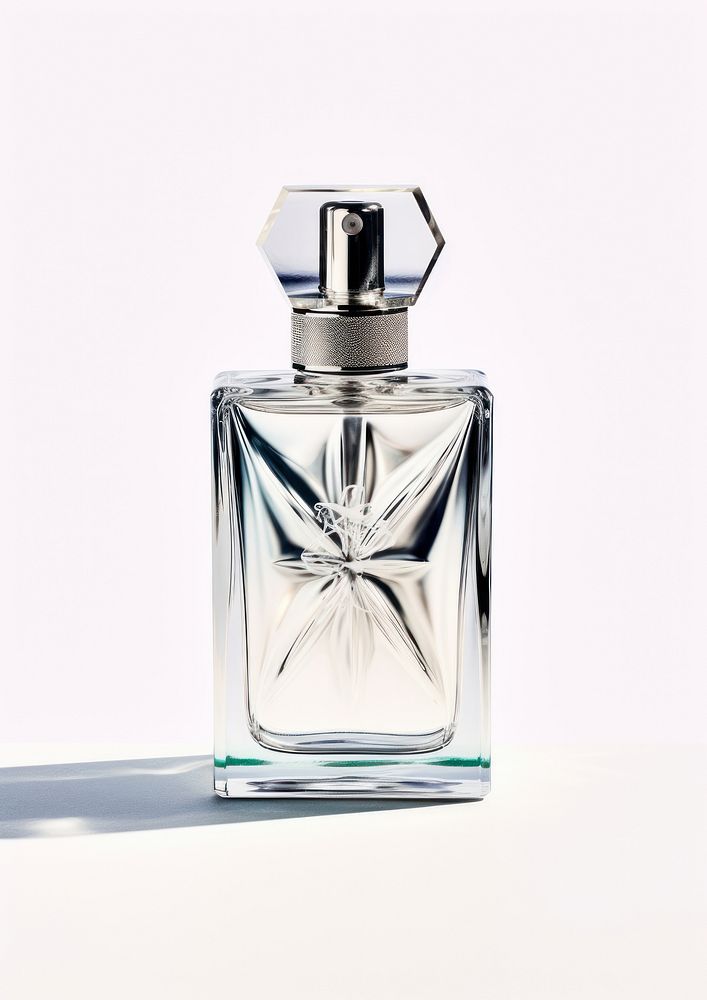 A perfume bottle with art reflect cosmetics white background container. AI generated Image by rawpixel.