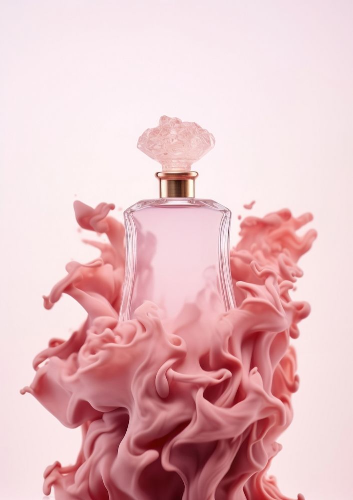 A perfume bottle infront of the pink smoke cosmetics petal magenta. AI generated Image by rawpixel.