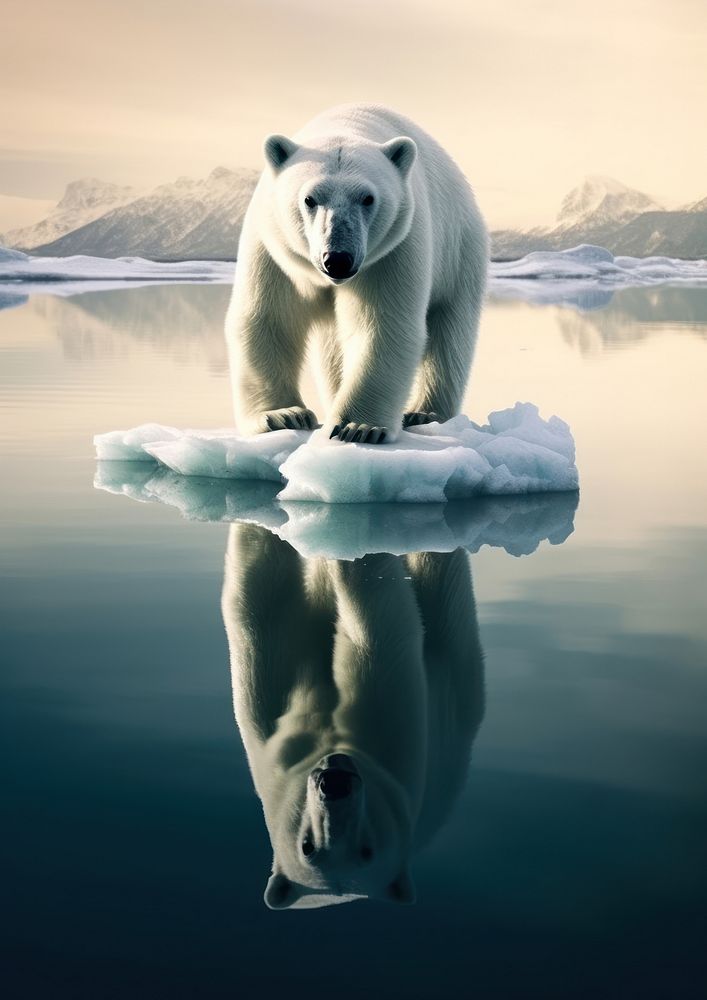 A polar bear stand on an ice in the middle of the ocean reflection wildlife outdoors. AI generated Image by rawpixel.