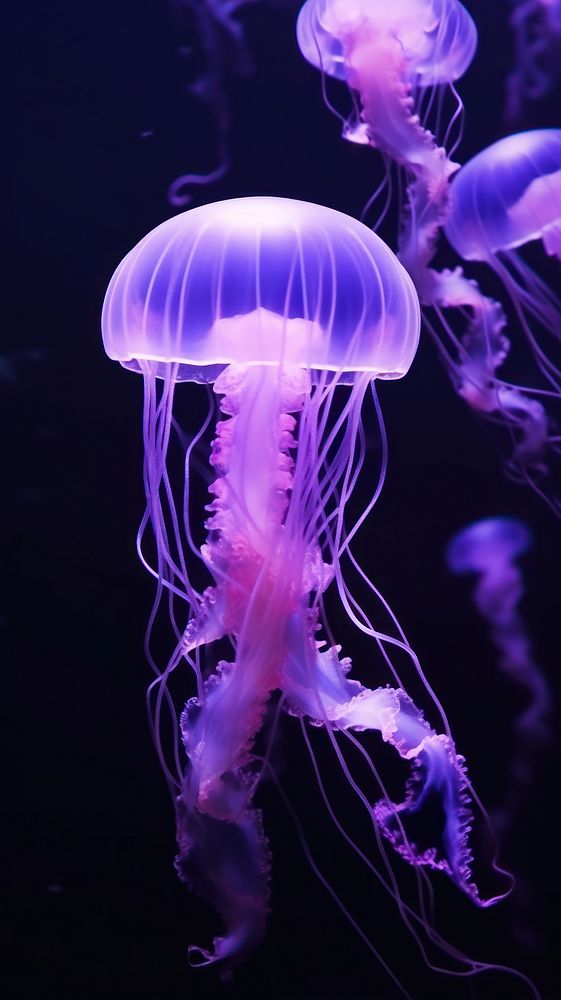  A purple jellyfish animal black background invertebrate. AI generated Image by rawpixel.